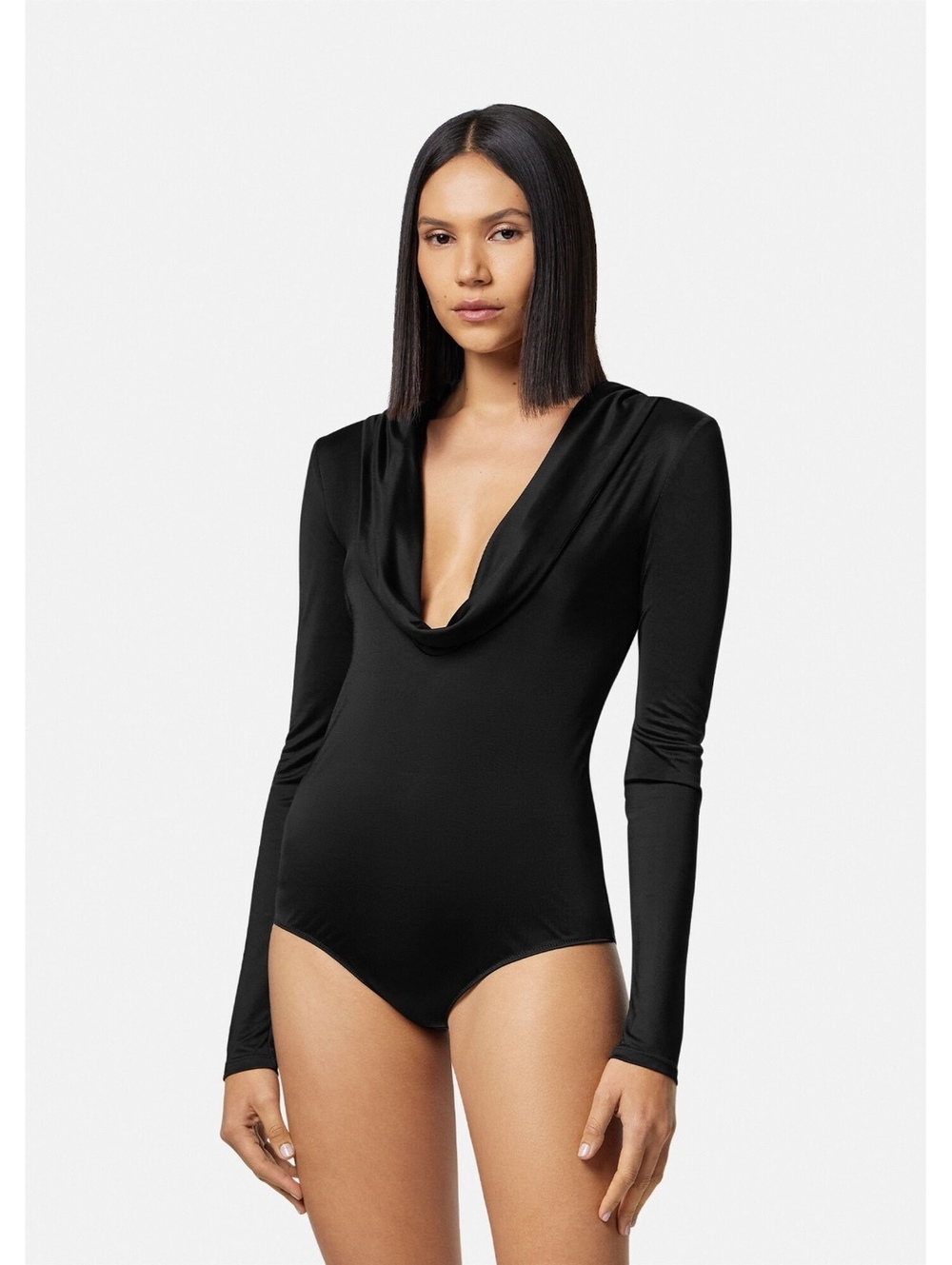 Versace NWT Black Cowl Neck Hooded Viscose Jersey Bodysuit IT 50 XL